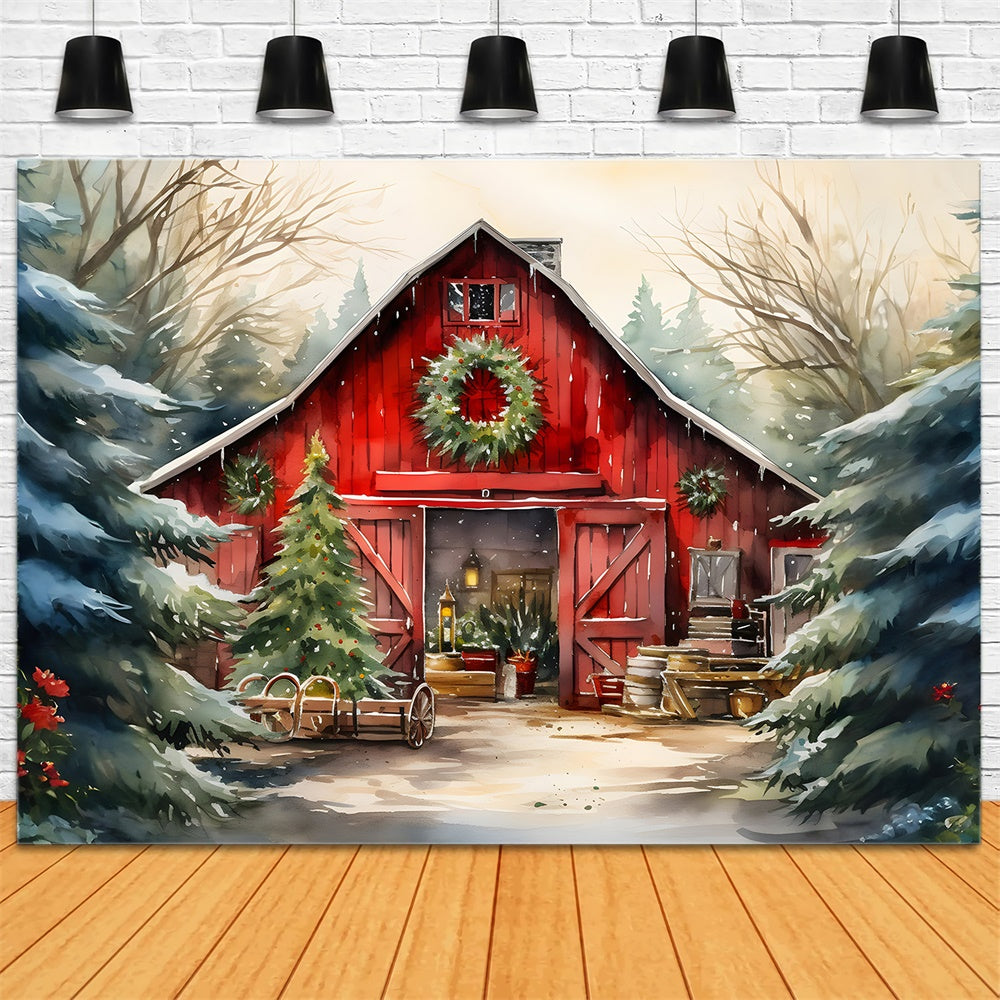 Watercolor Wooden House Christmas Tree Backdrop UK RR7-774