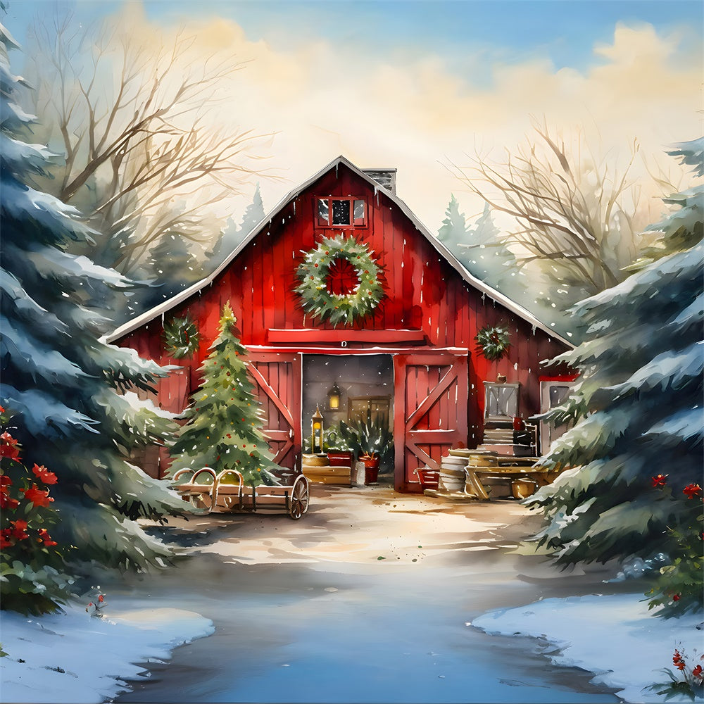 Watercolor Wooden House Christmas Tree Backdrop UK RR7-774