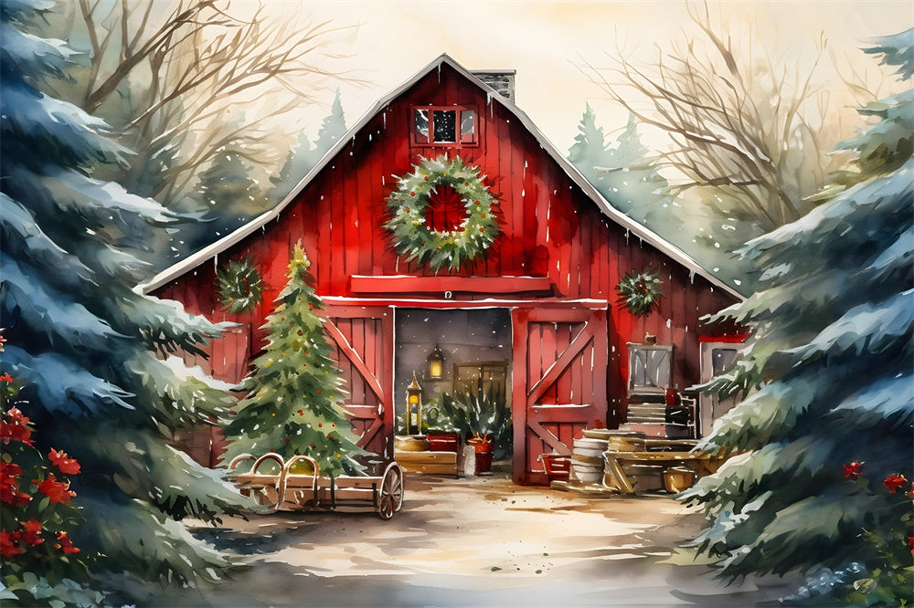 Watercolor Wooden House Christmas Tree Backdrop UK RR7-774