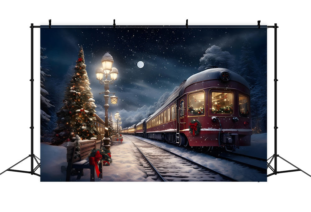 Christmas Evening Trees Snowy Train Backdrop UK RR7-776