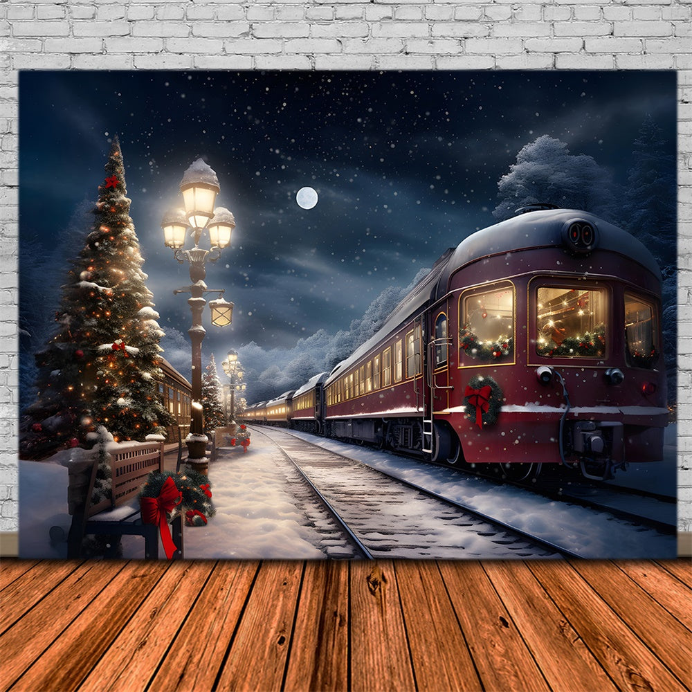 Christmas Evening Trees Snowy Train Backdrop UK RR7-776