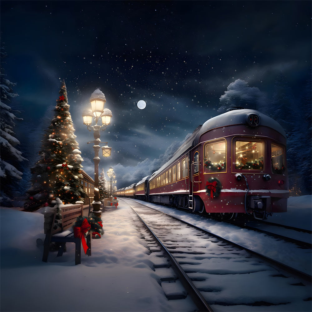 Christmas Evening Trees Snowy Train Backdrop UK RR7-776