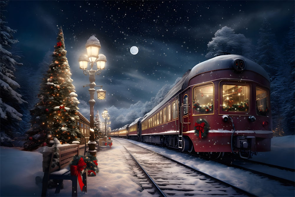 Christmas Evening Trees Snowy Train Backdrop UK RR7-776