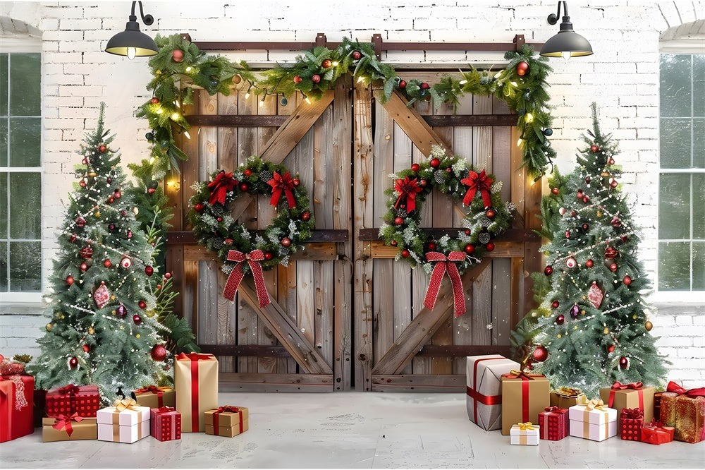 Christmas Tree Wreath Wood Door Backdrop UK RR7-777