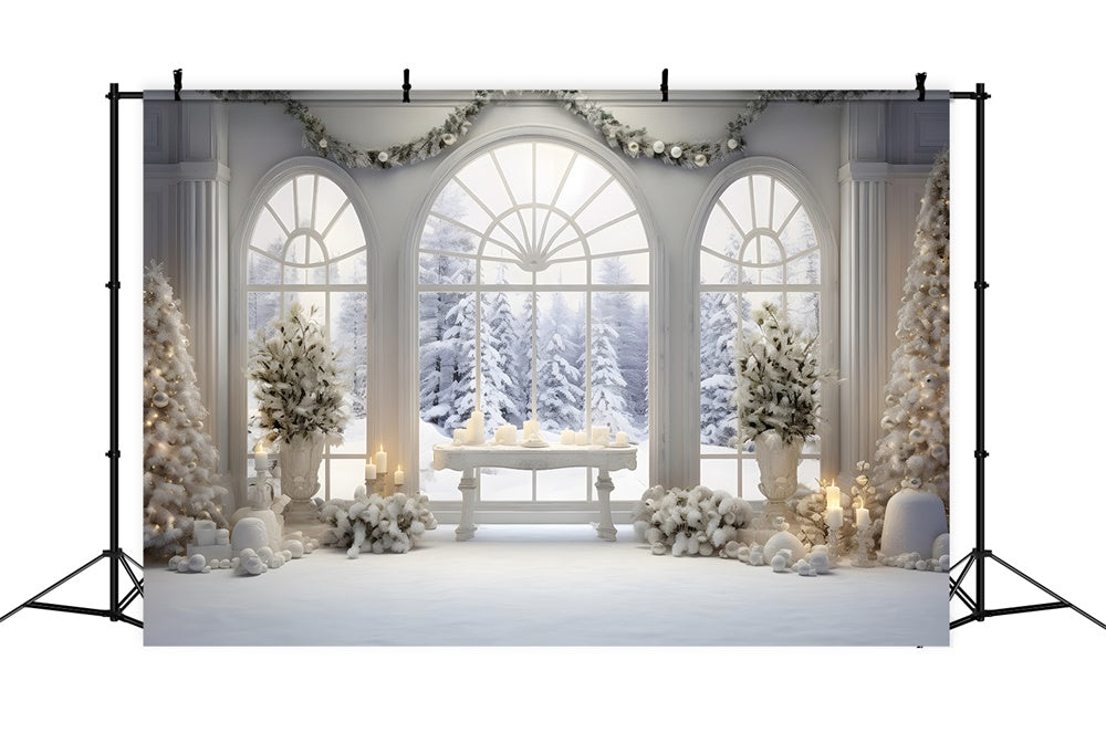 Christmas Window Snowy Fir Trees Backdrop UK RR7-779