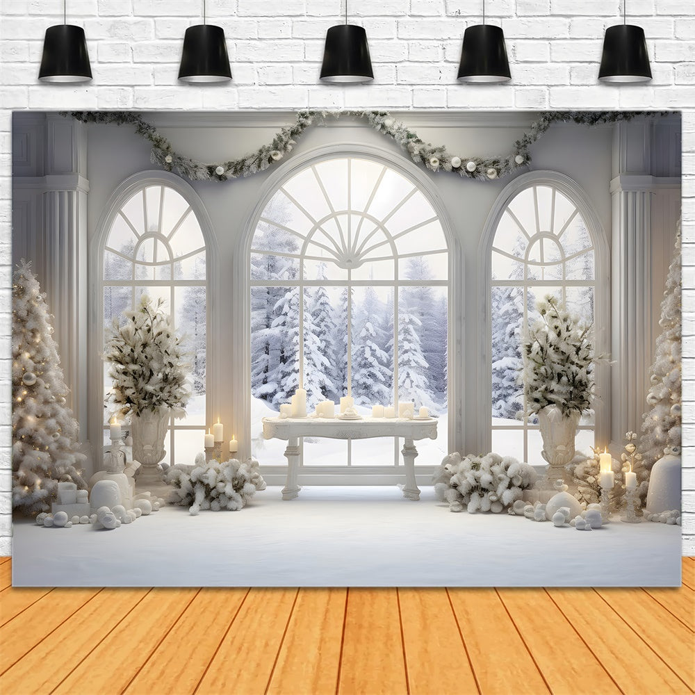 Christmas Window Snowy Fir Trees Backdrop UK RR7-779