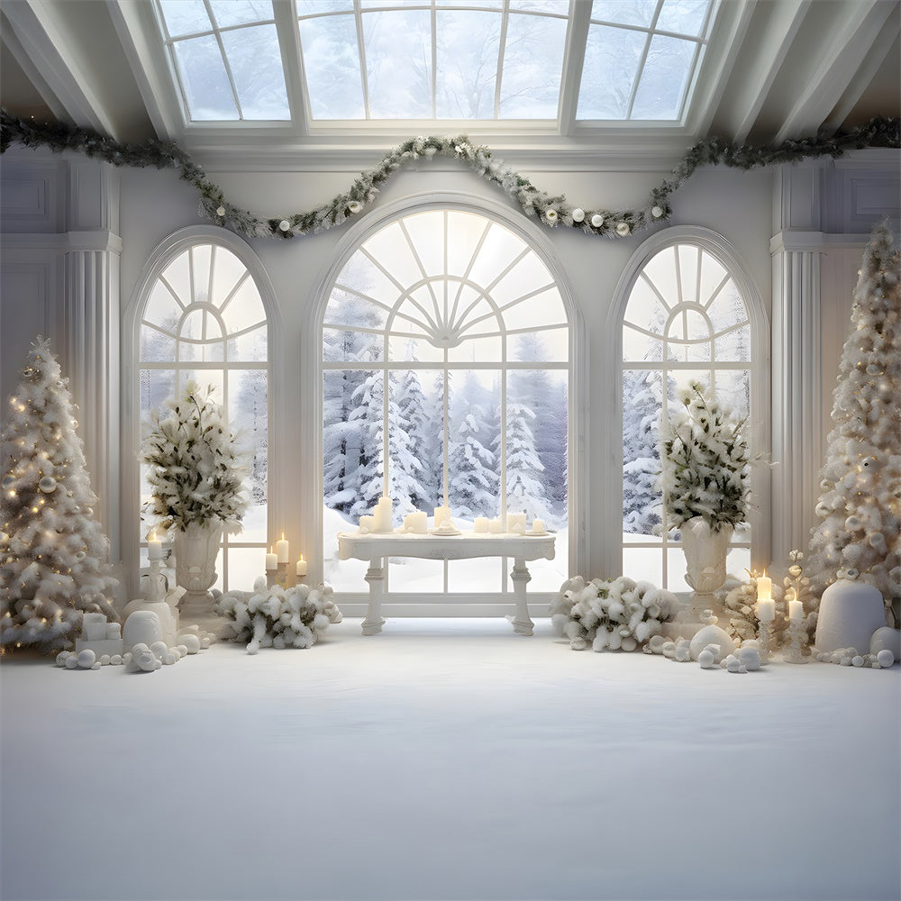 Christmas Window Snowy Fir Trees Backdrop UK RR7-779