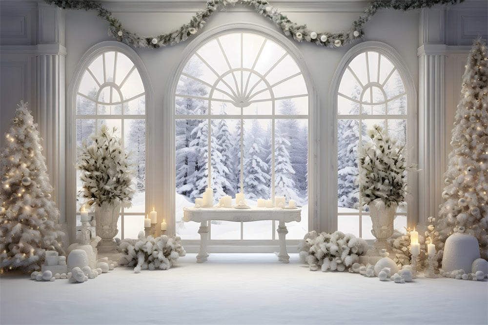 Christmas Window Snowy Fir Trees Backdrop UK RR7-779