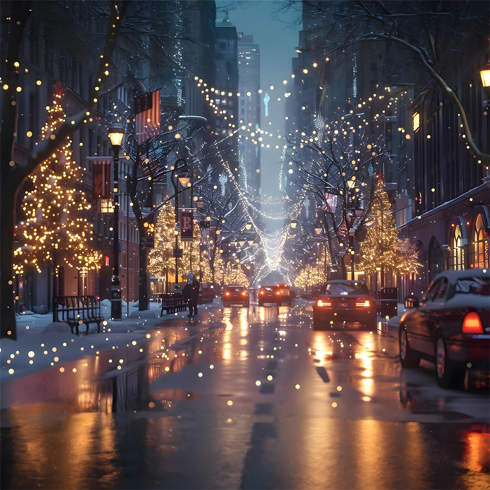 Christmas Trees Lights Street Night Backdrop UK RR7-780