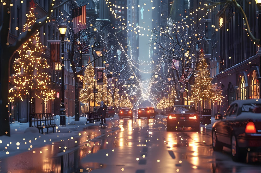 Christmas Trees Lights Street Night Backdrop UK RR7-780