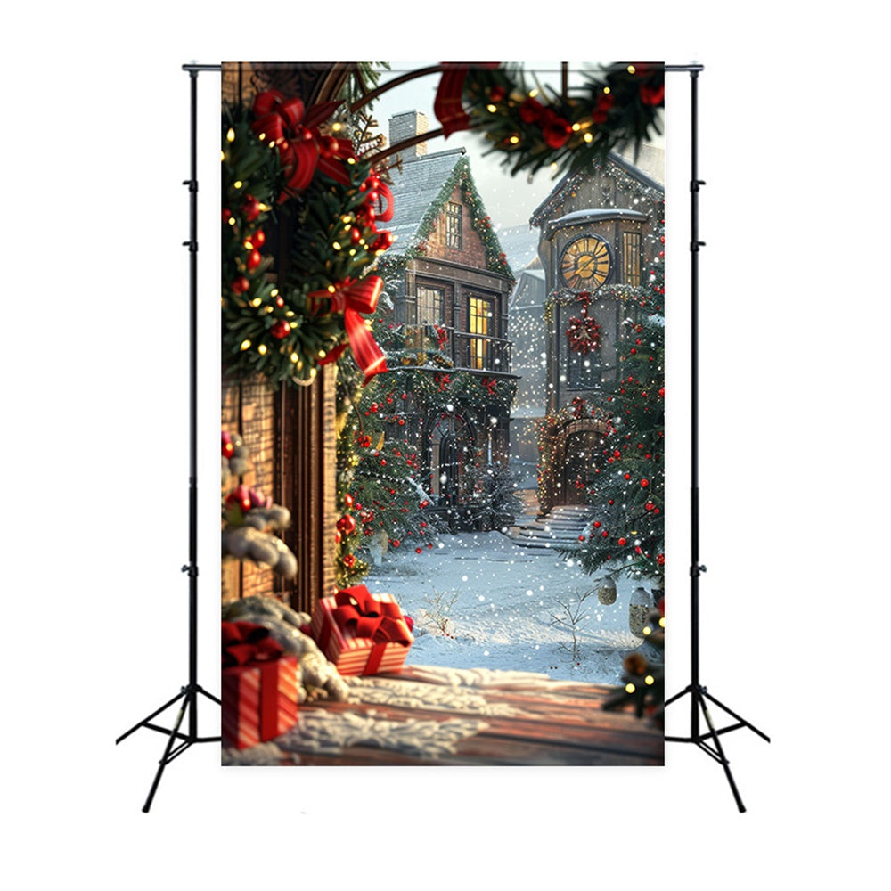 Christmas Tree Wreath House Snow Backdrop UK RR7-784