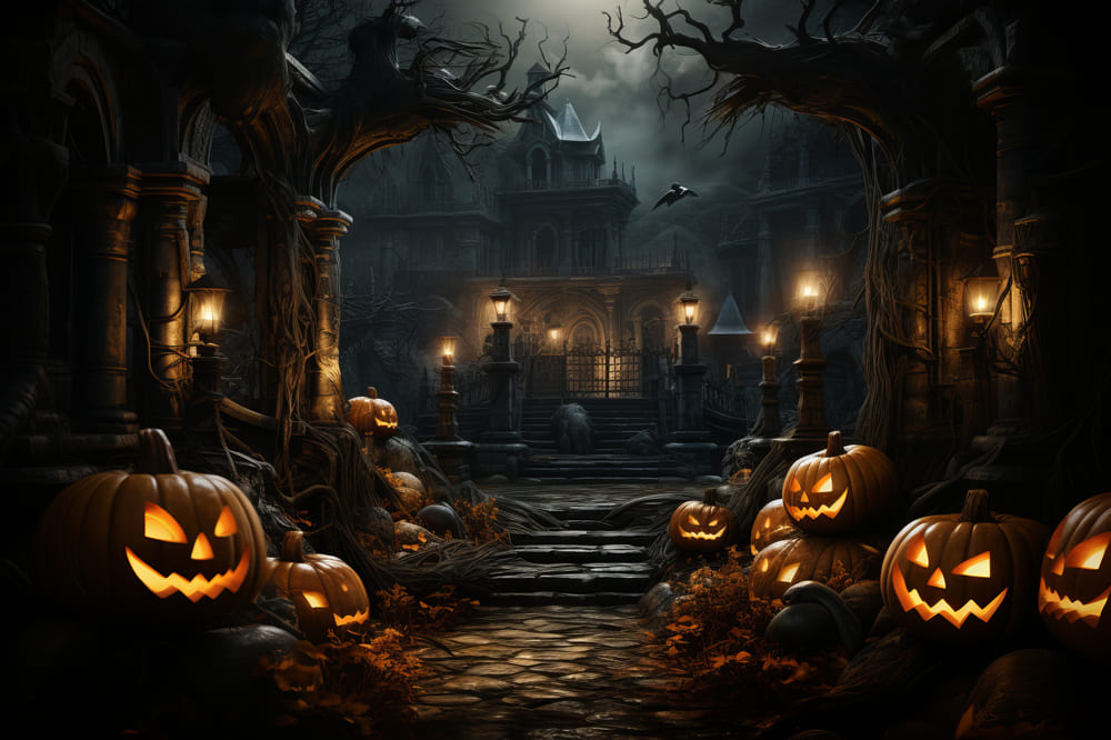 Halloween Cemetery Pumpkin Lanterns Backdrop UK RR7-79