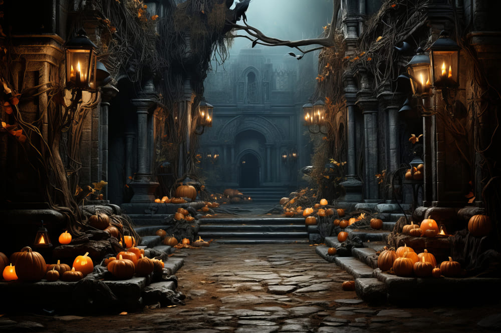 Halloween Mansion Pumpkin Lanterns Backdrop UK RR7-80