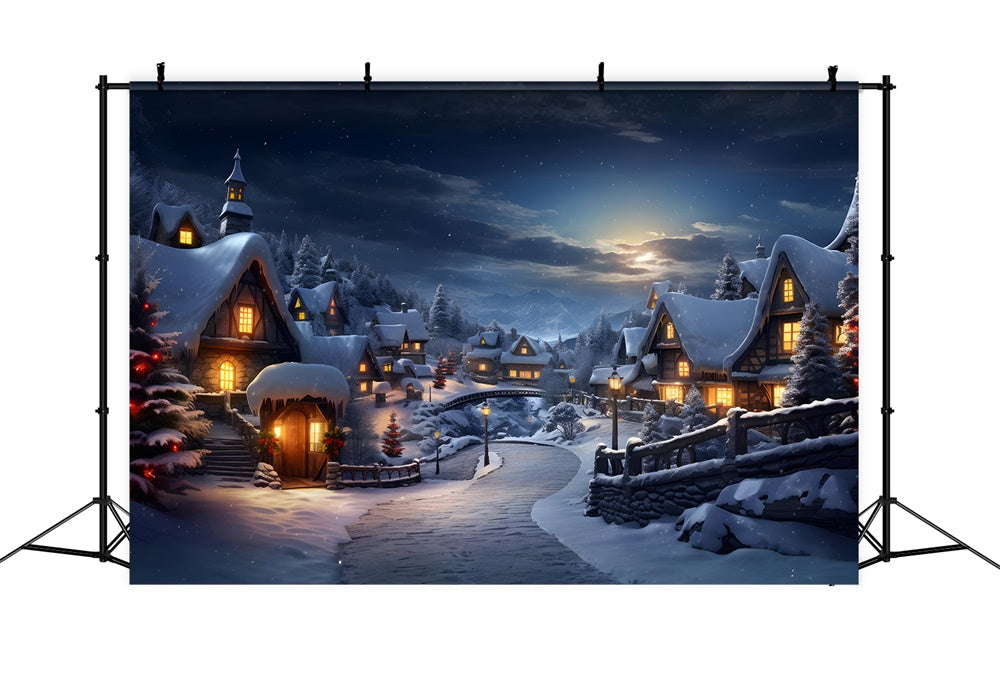 Snowy Forest Village Lights Christmas Backdrop UK RR7-803