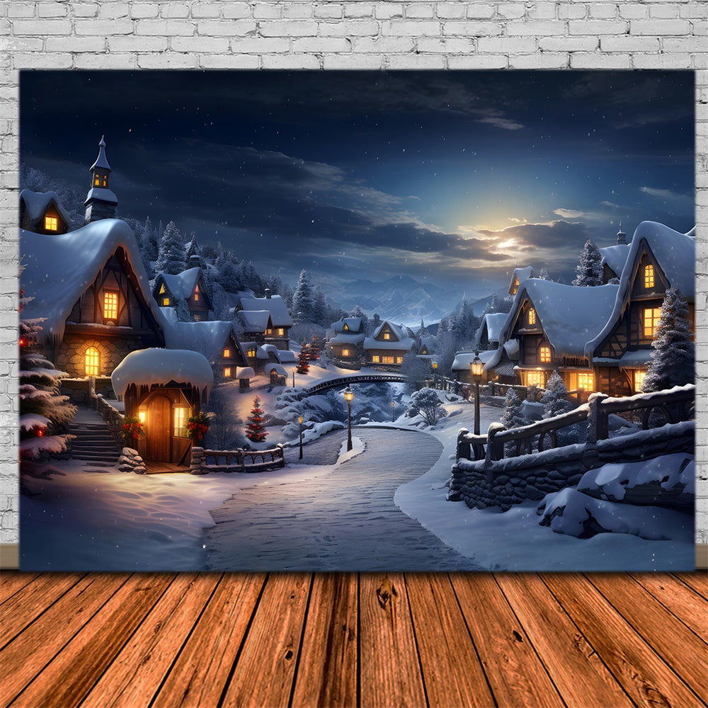 Snowy Forest Village Lights Christmas Backdrop UK RR7-803