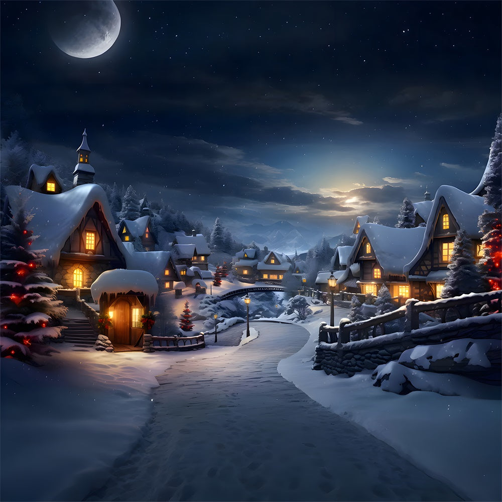 Snowy Forest Village Lights Christmas Backdrop UK RR7-803