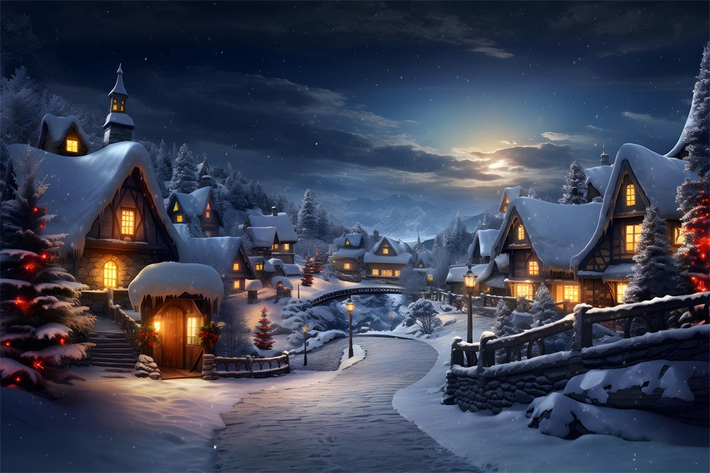 Snowy Forest Village Lights Christmas Backdrop UK RR7-803