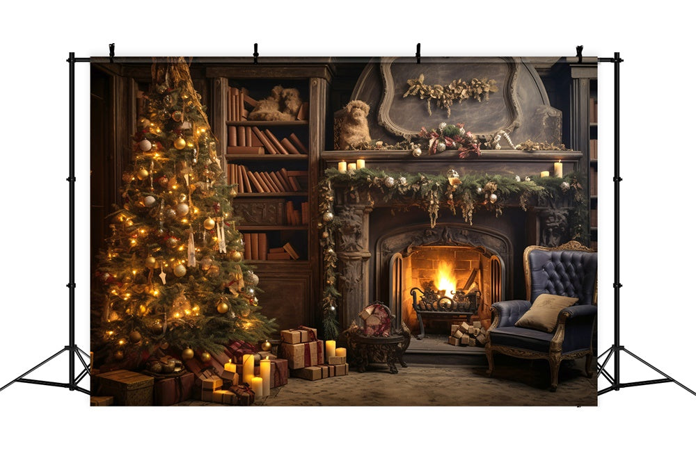 Glowing Christmas Tree Burning Fireplace Backdrop UK RR7-804