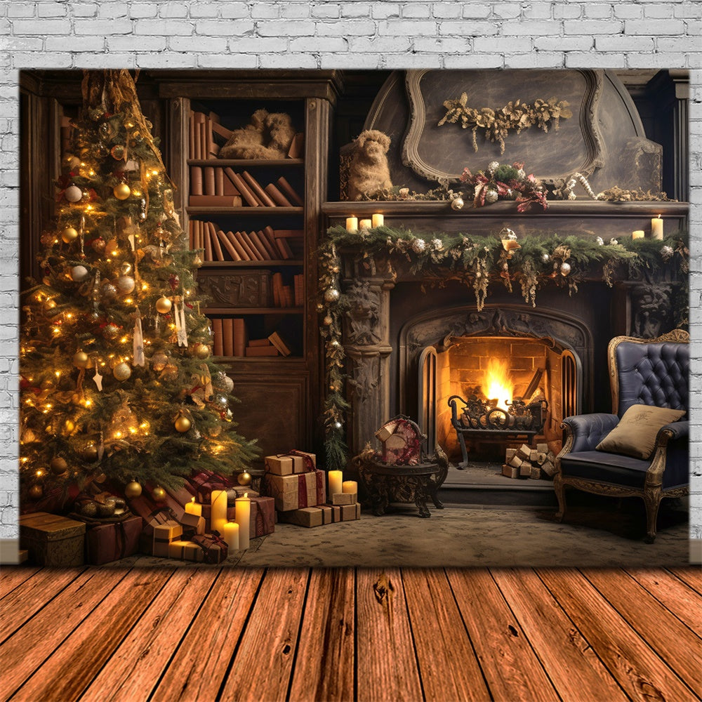 Glowing Christmas Tree Burning Fireplace Backdrop UK RR7-804