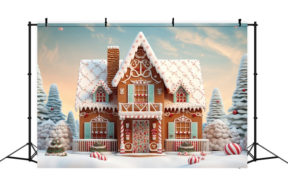 Snow Christmas Tree Gingerbread House Backdrop UK RR7-806