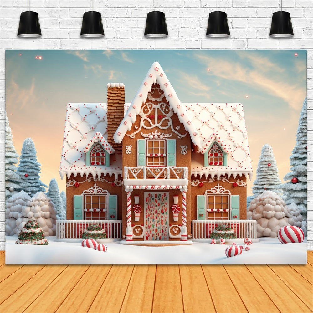 Snow Christmas Tree Gingerbread House Backdrop UK RR7-806