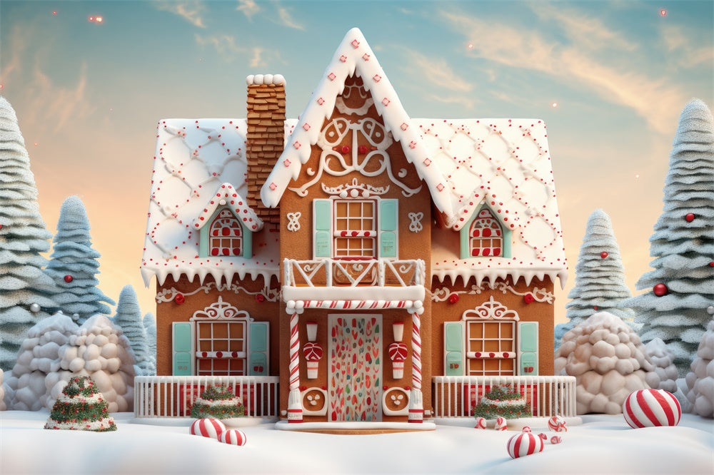 Snow Christmas Tree Gingerbread House Backdrop UK RR7-806