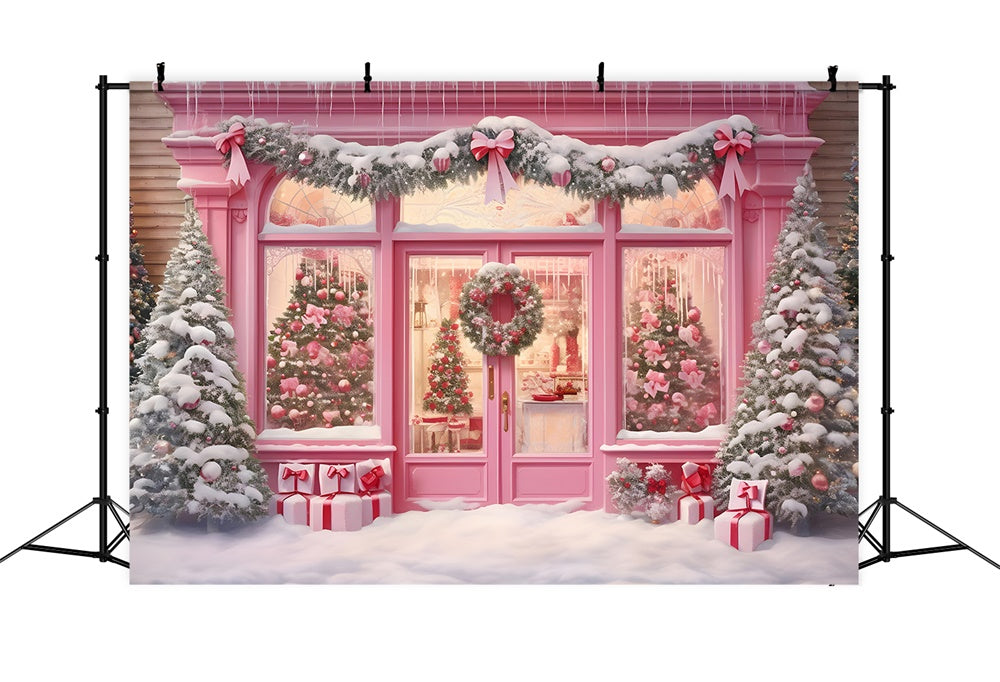 Pink Christmas Shop Garland Snow Backdrop UK RR7-811