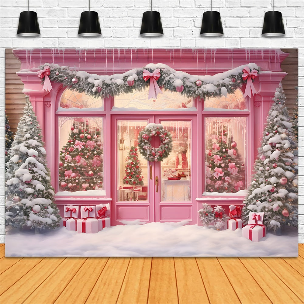 Pink Christmas Shop Garland Snow Backdrop UK RR7-811