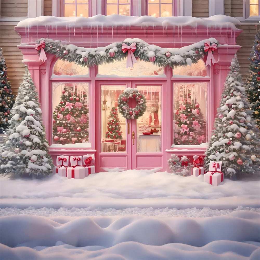 Pink Christmas Shop Garland Snow Backdrop UK RR7-811