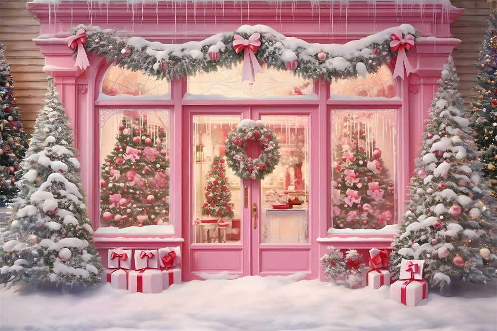 Pink Christmas Shop Garland Snow Backdrop UK RR7-811