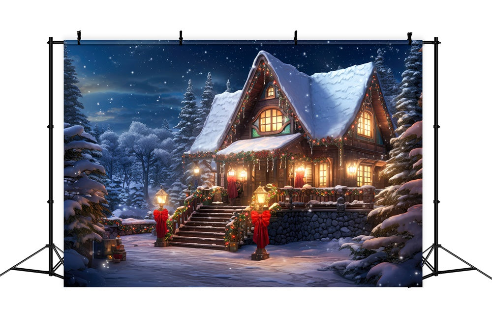 Forest Snowy House Lights Christmas Backdrop UK RR7-813