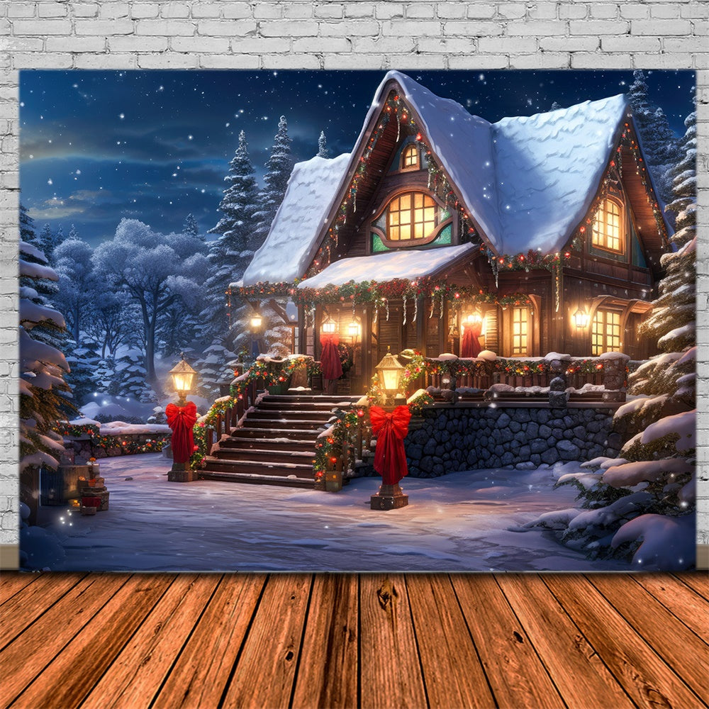 Forest Snowy House Lights Christmas Backdrop UK RR7-813