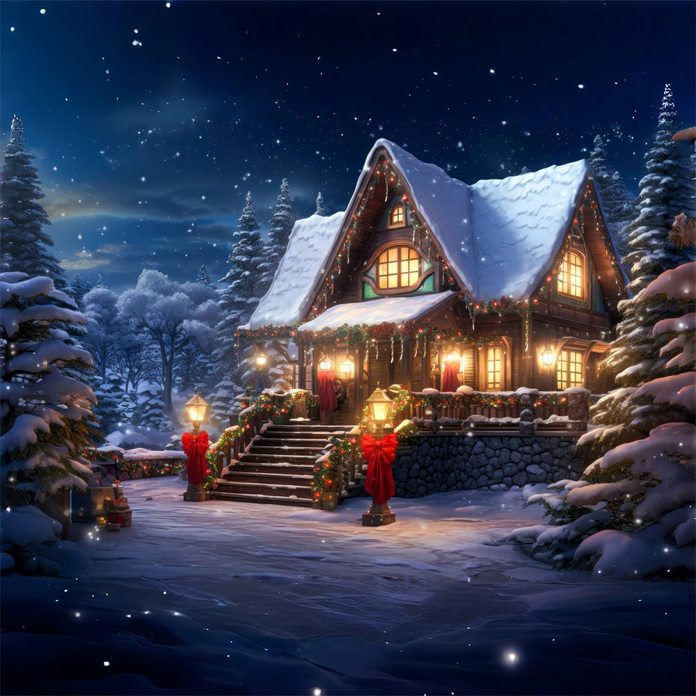 Forest Snowy House Lights Christmas Backdrop UK RR7-813