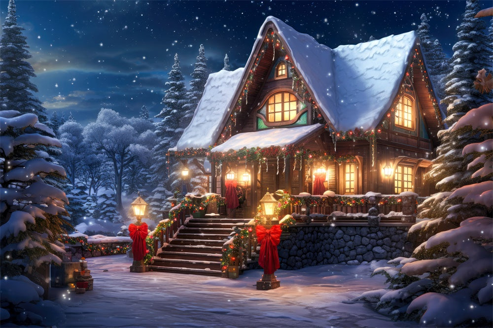 Forest Snowy House Lights Christmas Backdrop UK RR7-813