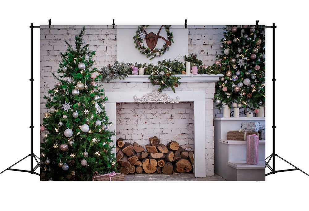 Christmas Tree Fireplace Brick Wall Backdrop UK RR7-817