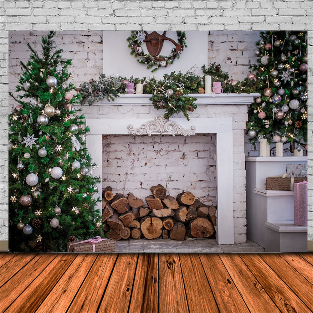 Christmas Tree Fireplace Brick Wall Backdrop UK RR7-817