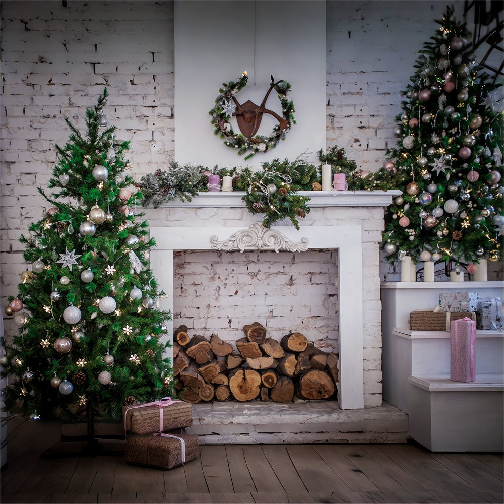 Christmas Tree Fireplace Brick Wall Backdrop UK RR7-817