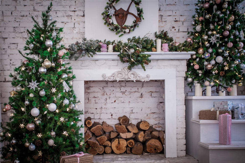 Christmas Tree Fireplace Brick Wall Backdrop UK RR7-817