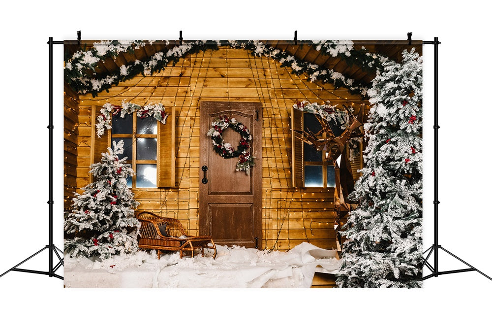 Snow Christmas Tree Wooden House Backdrop UK RR7-826