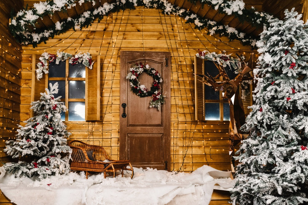 Snow Christmas Tree Wooden House Backdrop UK RR7-826