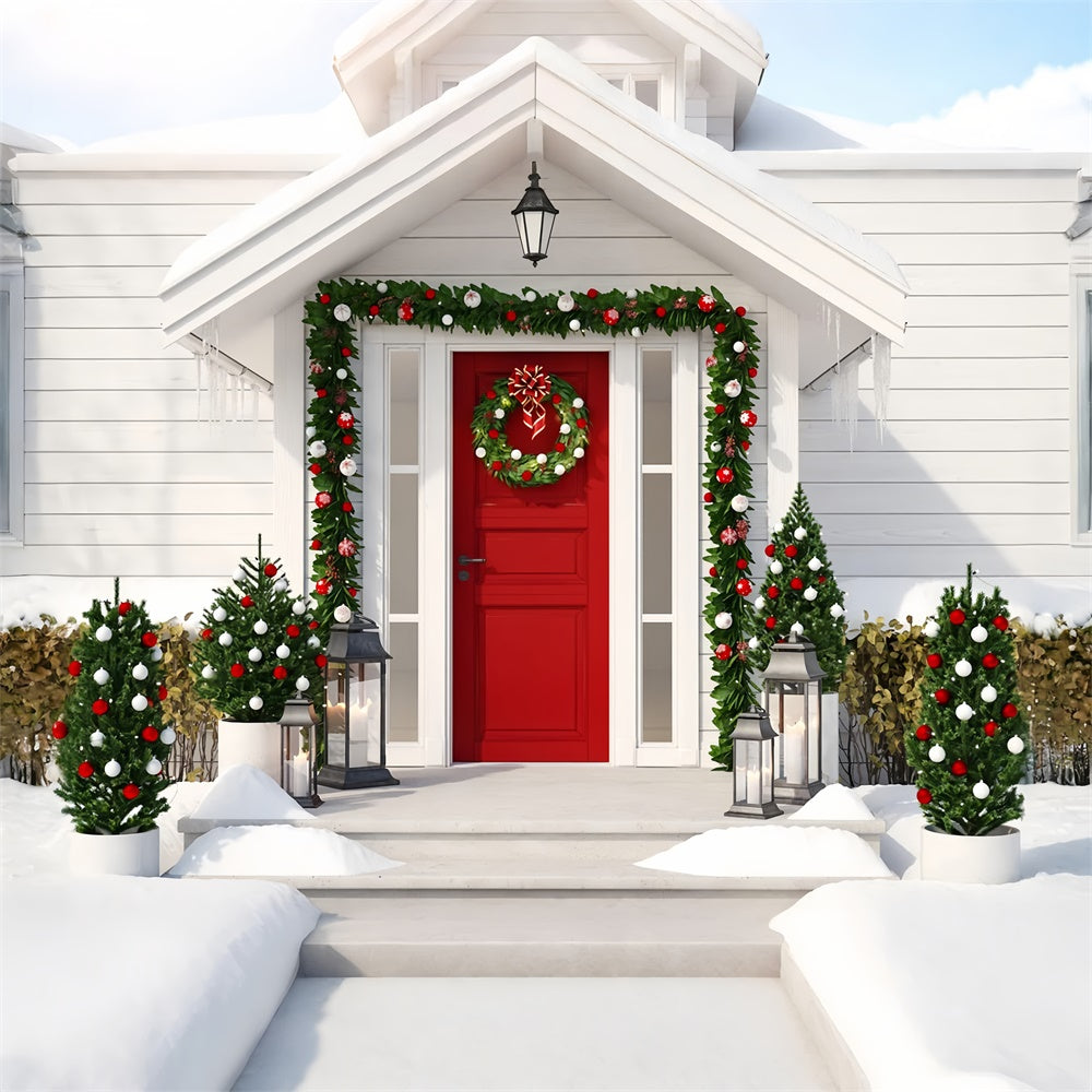 Christmas House Decorated Front Door Backdrop UK RR7-829