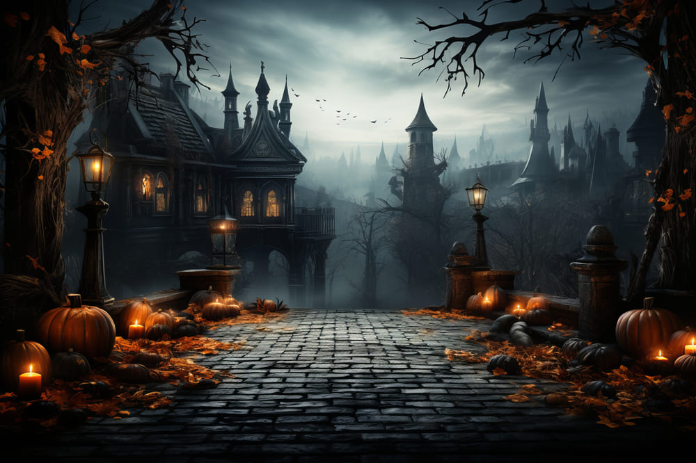 Halloween Scary Castle Pumpkin Lanterns Backdrop UK RR7-83