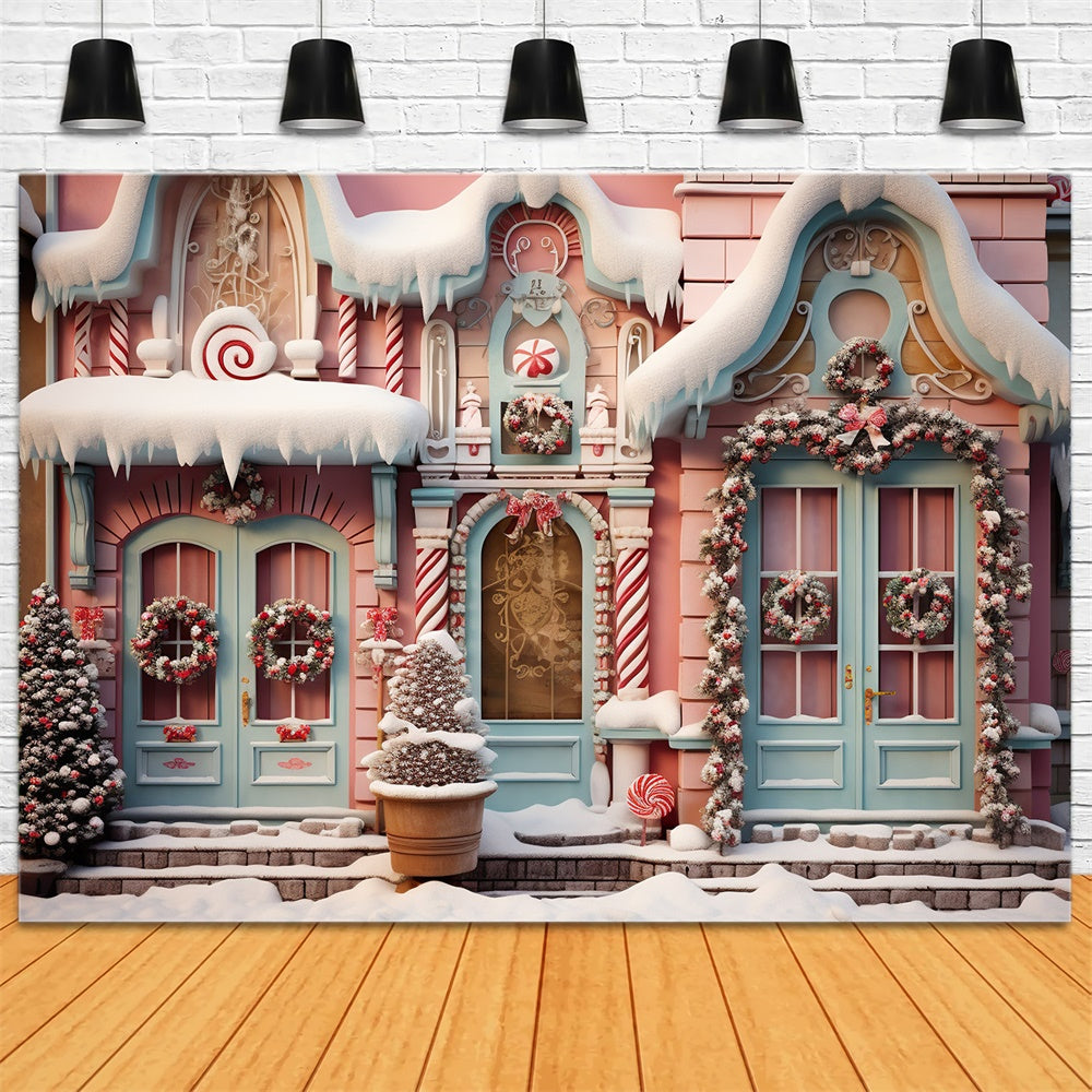 Christmas Trees Snow Candy House Backdrop UK RR7-840