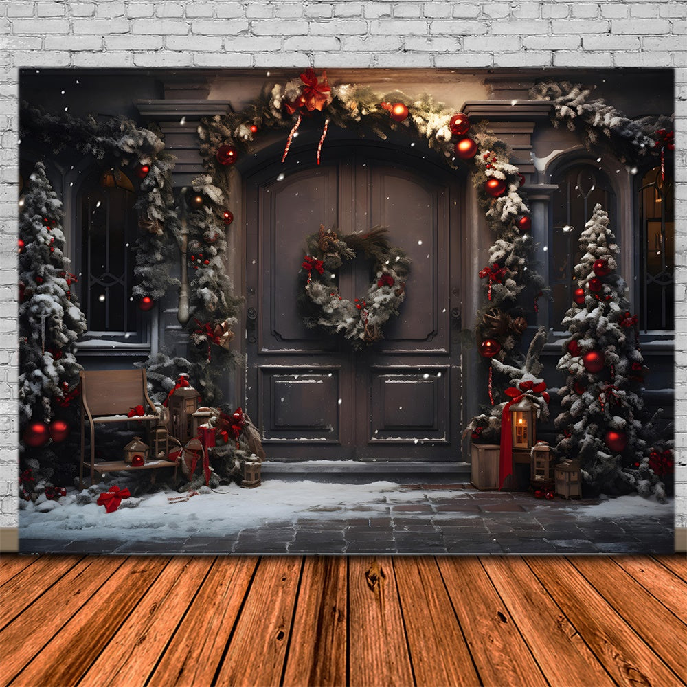 Christmas Trees Wreath Door Snow Backdrop UK RR7-848