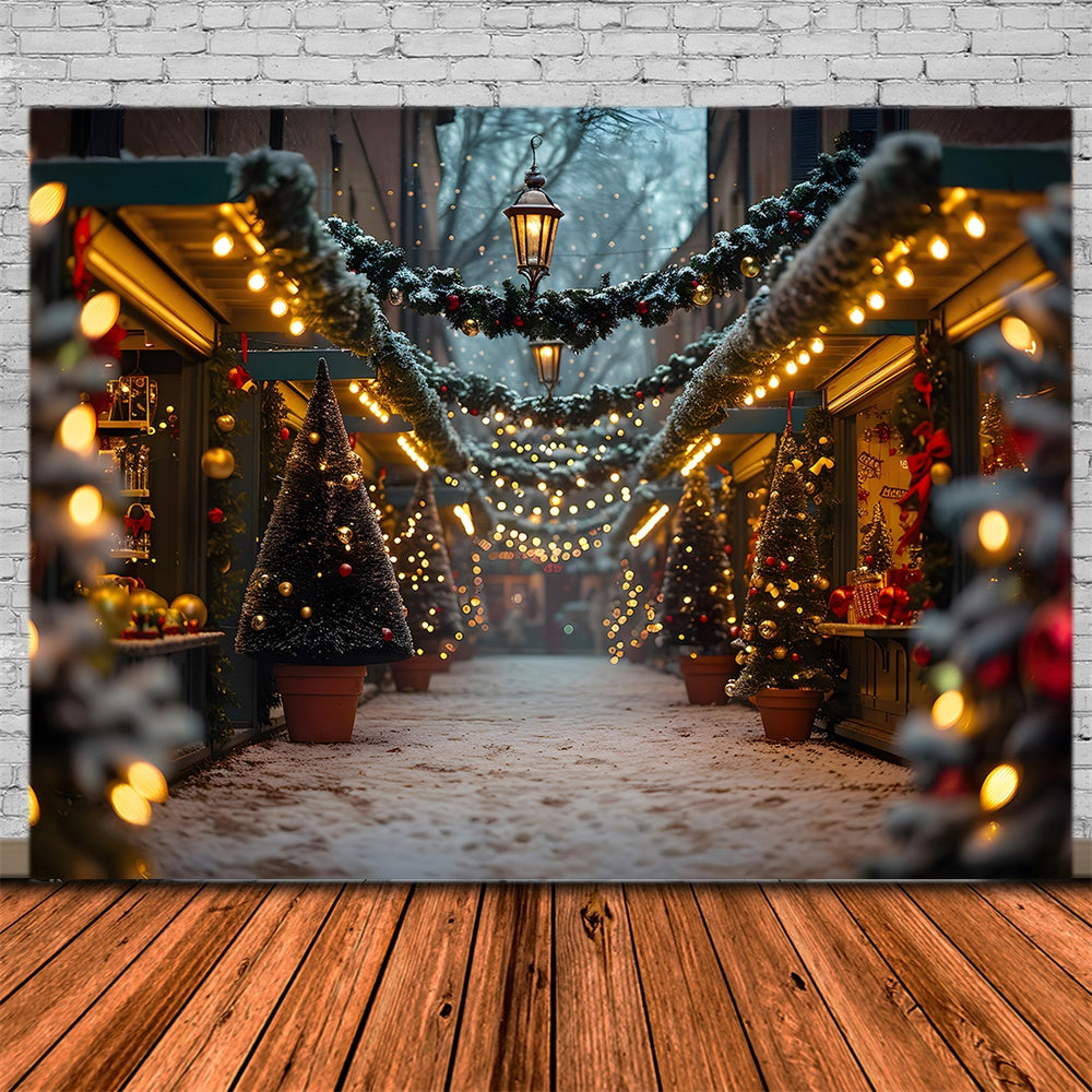 Glowing Christmas Tree Snowy Street Backdrop UK RR7-858