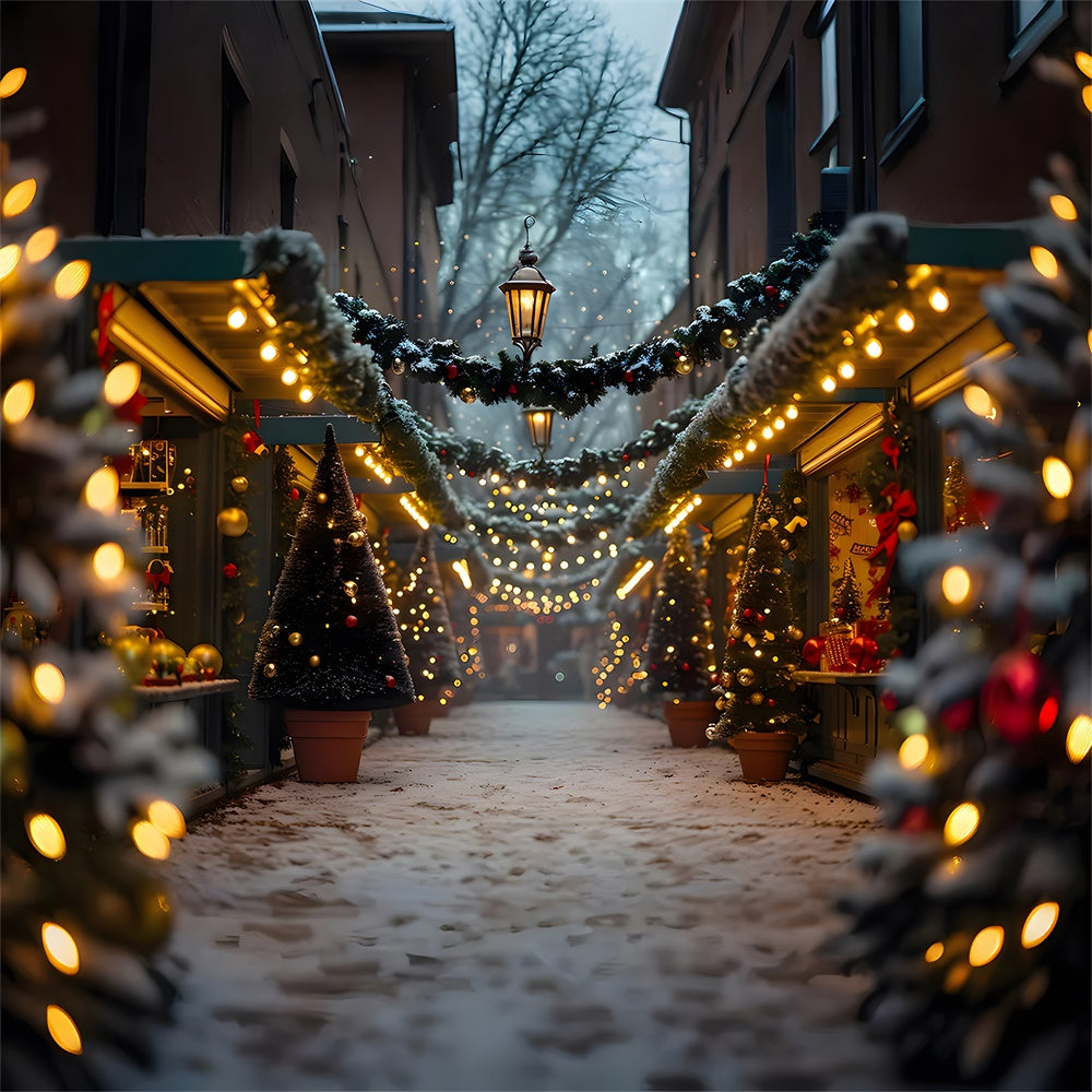 Glowing Christmas Tree Snowy Street Backdrop UK RR7-858