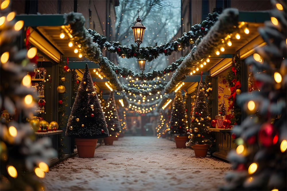 Glowing Christmas Tree Snowy Street Backdrop UK RR7-858