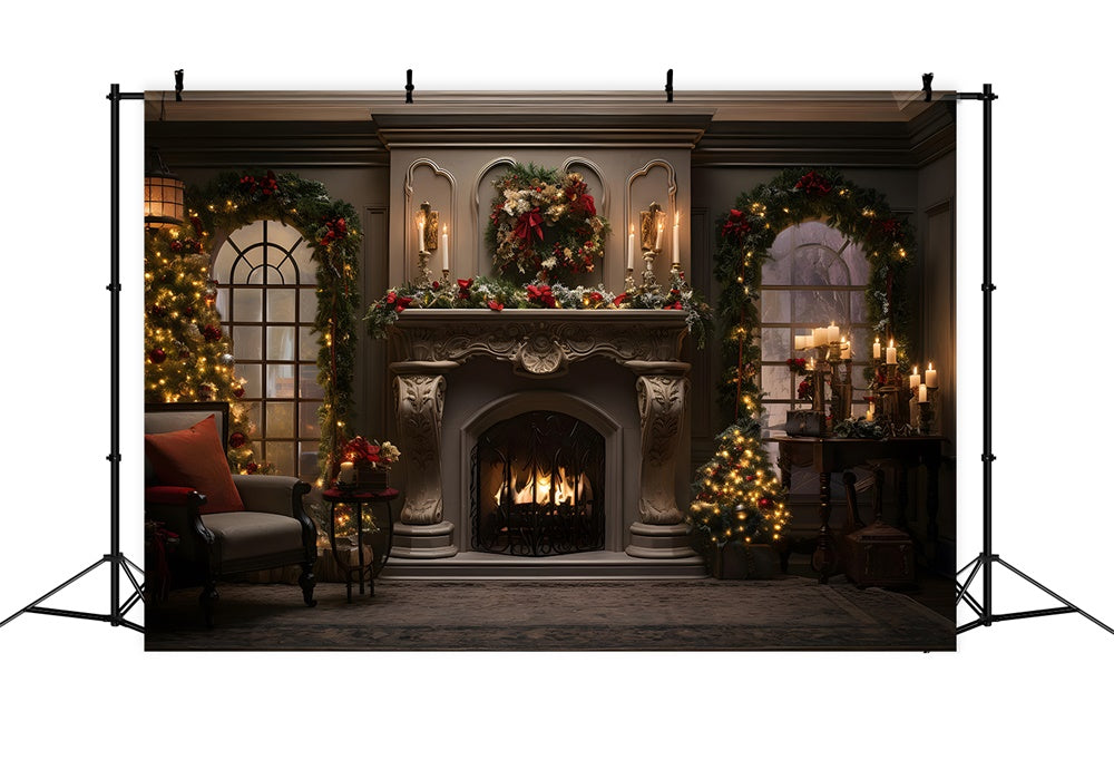 Christmas Living Room Wreath Fireplace Backdrop UK RR7-861