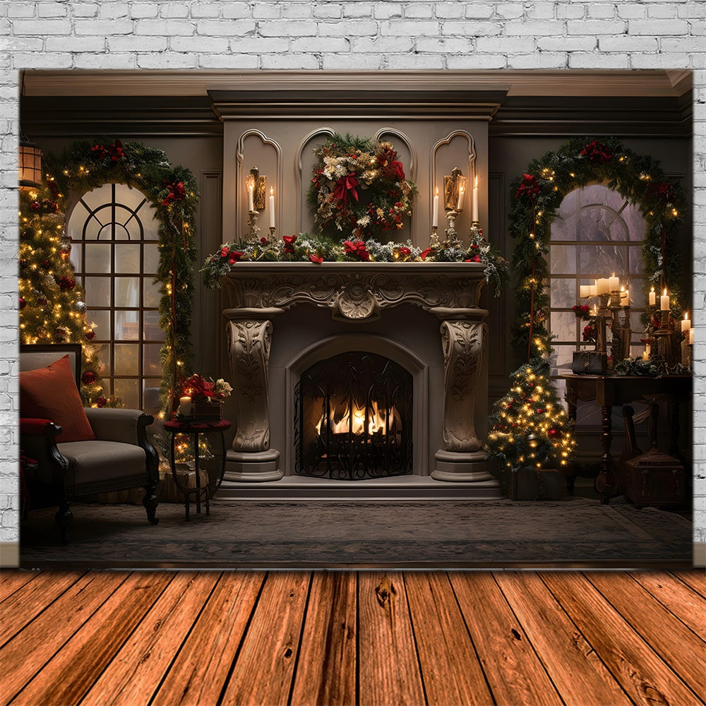 Christmas Living Room Wreath Fireplace Backdrop UK RR7-861