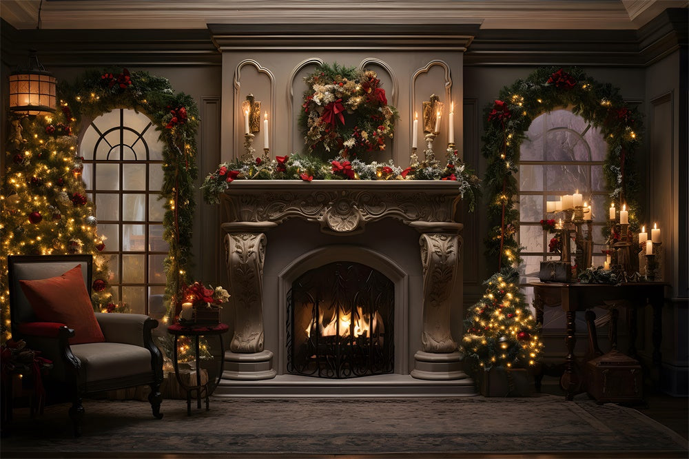 Christmas Living Room Wreath Fireplace Backdrop UK RR7-861